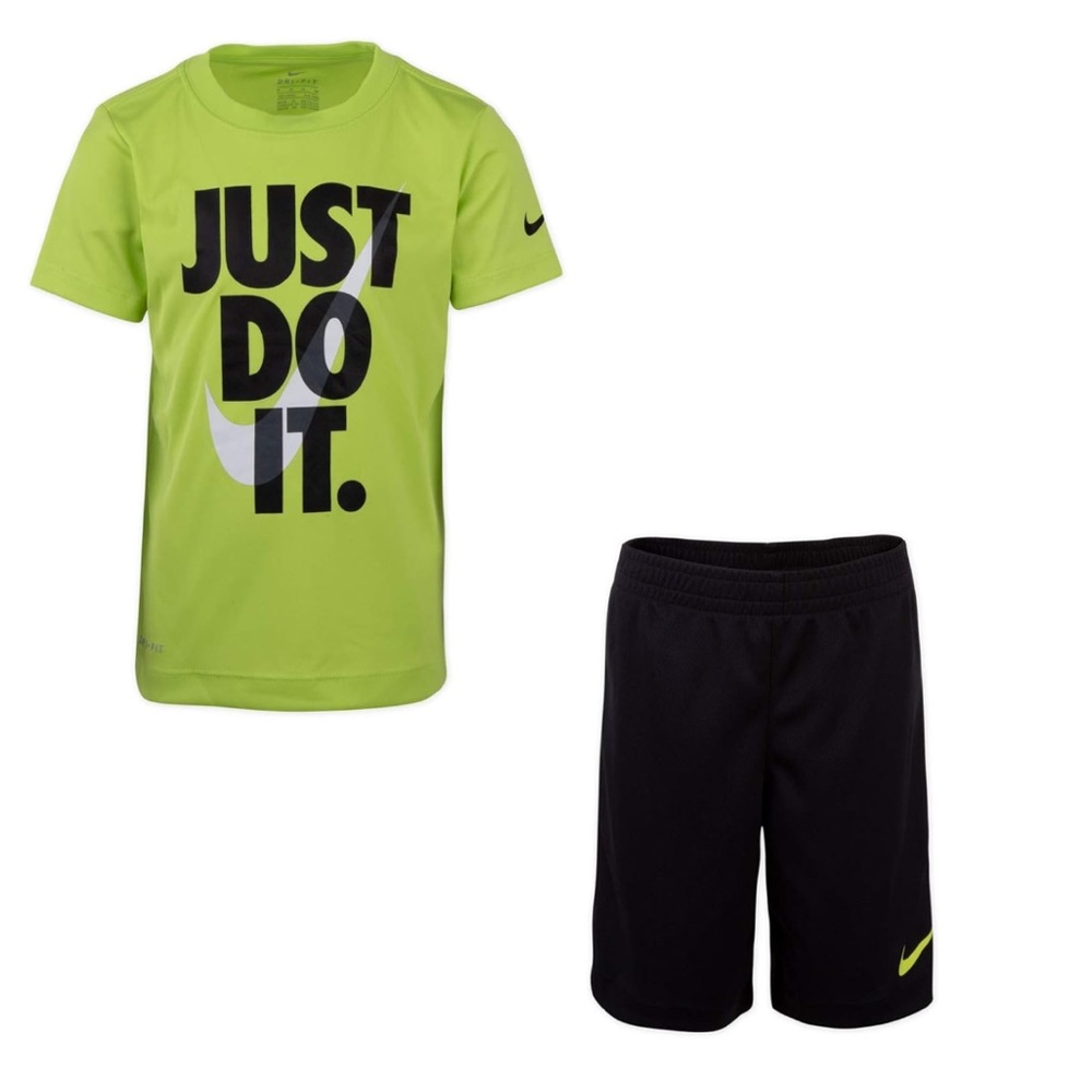 Nike Boy`s Dri-Fit T-Shirt & Shorts 2 Piece Set Black w Cyber Size 6 NWT